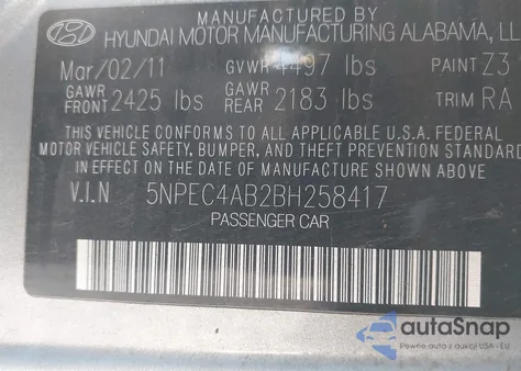 2011 Hyundai Sonata Limited 2.0T из США, поврежденный, VIN 5NPEC4AB2BH258417